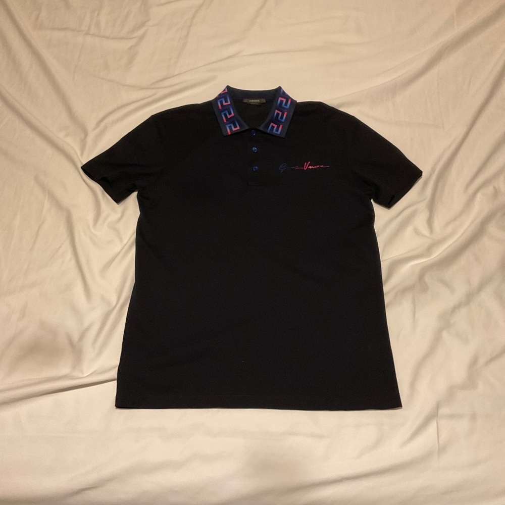 Authentic Versace Dark Navy Polo Shirt with Blue and Pink Accents